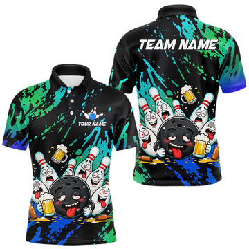 Maxcorners Custom Blue And Turquoise Drunk Bowling Balls Funny Bowling Shirts For Men, Beer Bowling Jersey LM2806