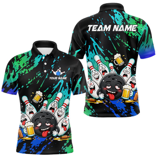 Maxcorners Custom Blue And Turquoise Drunk Bowling Balls Funny Bowling Shirts For Men, Beer Bowling Jersey LM2806