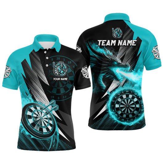 Maxcorners Personalized Strike Black & Turquoise Flaming Dragon Dart Shirts For Men Custom Dart Team Jersey LM1203