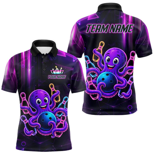 Maxcorners Funny Neon Octopus Bowling Polo & Quarter Zip For Men, Custom Bowling Team Shirt Bowling Jersey LM0106
