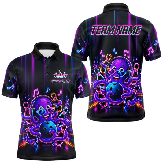 Maxcorners Funny Neon Octopus Music Bowling Polo & Quarter Zip For Men, Custom Bowling Team Jersey Bowling Gift LM0106