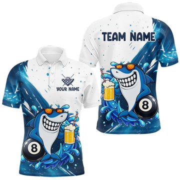 Maxcorners Blue And White Funny Shark 8 Ball Billiard Shirts For Men Custom Pool Team Jersey Polo & 1/4 Zip