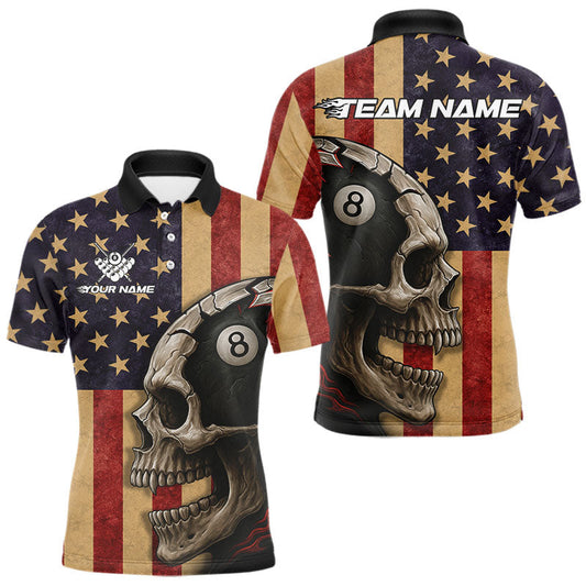 Maxcorners Vintage American Flag Skull Billiard Shirt For Men Custom 8 Ball Patriotic Pool Team Jerseys LM1506