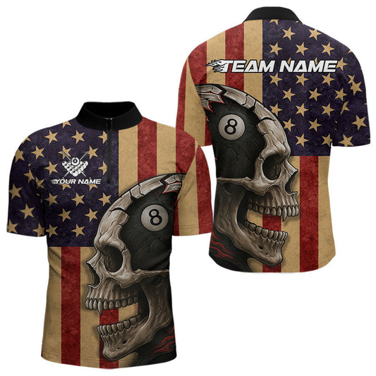 Maxcorners Vintage American Flag Skull Billiard Shirt For Men Custom 8 Ball Patriotic Pool Team Jerseys LM1506