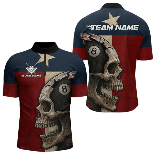 Maxcorners Personalized Grunge Texas Flag Skull Billiard Shirt For Men, 8 Ball Patriotic Pool Team Jerseys  LM1506