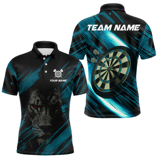 Maxcorners Personalized Cyan & Black Lion Darts Shirt For Men Custom Light Dartboard Jersey Polo & 1/4 Zip LM1203