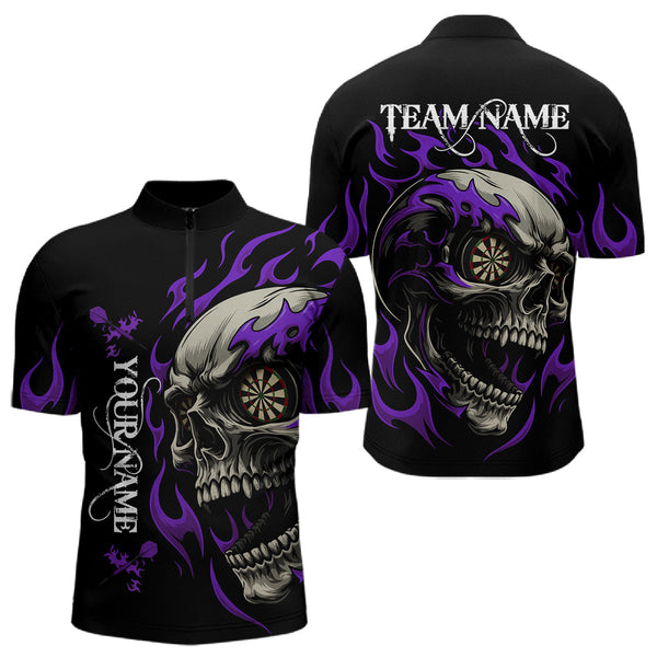 Maxcorners Personalized Purple Flaming Skull Darts Shirt For Men Custom Darts Jersey Team Polo & 1/4 Zip MT0609