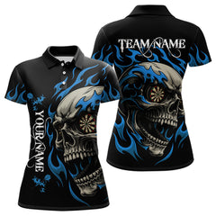 Maxcorners Personalized Blue Flaming Skull Darts Shirt For Men Custom Darts Jersey Team Polo & 1/4 Zip MT0609