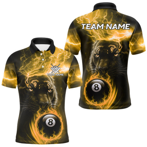 Maxcorners Custom Panther Billiard Polo & 1/4 Zip For Men, Yellow Flame 8 Ball Lightning Pool Team Jersey TU1108