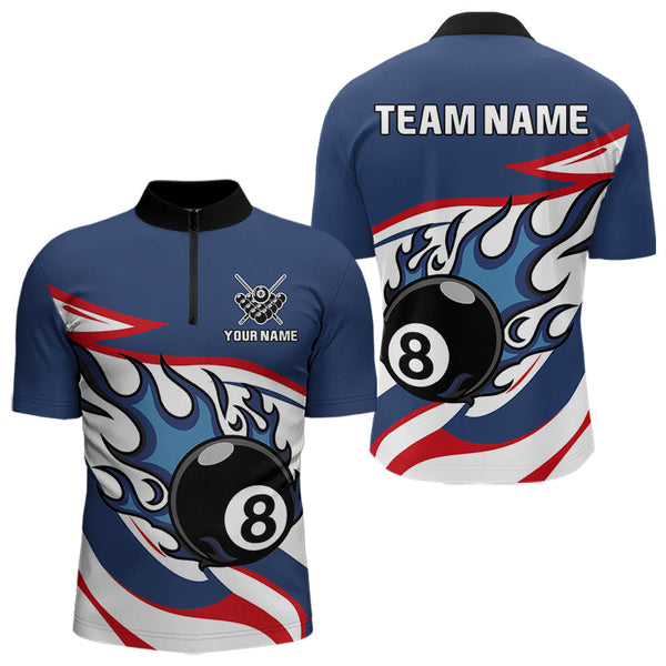 Maxcorners Red, White And Blue 8 Ball Flame Billiard Shirt For Men Custom Billiard Team Jersey Polo & 1/4 Zip LM2206