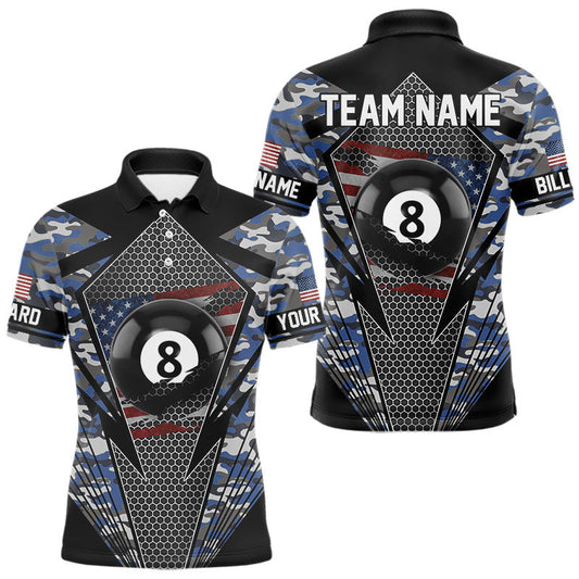 Maxcorners Personalized Blue Camo 8 Ball Pool Billiard Shirt For Men, Patriotic US Flag Billiard Team Jersey LM2206