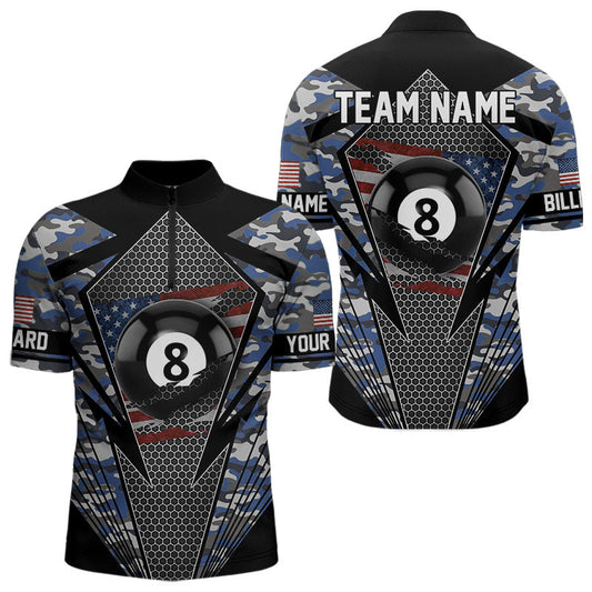 Maxcorners Personalized Blue Camo 8 Ball Pool Billiard Shirt For Men, Patriotic US Flag Billiard Team Jersey LM2206