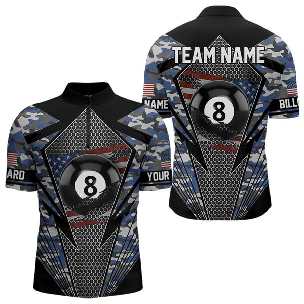 Maxcorners Personalized Blue Camo 8 Ball Pool Billiard Shirt For Men, Patriotic US Flag Billiard Team Jersey LM2206
