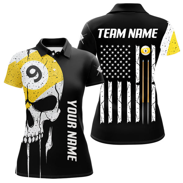 Maxcorners Personalized 9 Ball Skull Billiard Shirt For Men, American Flag Pool Team Jerseys Polo & 1/4 Zip LM3006
