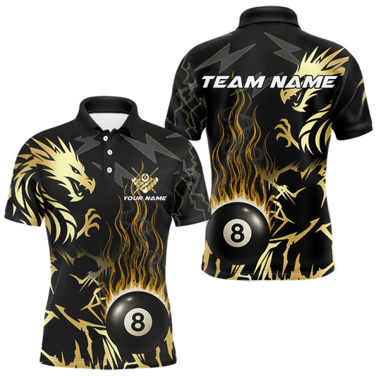 Maxcorners Black And Gold Flame 8 Ball Pool Shirt For Men Custom Dragon Billiards Team Jersey Polo & 1/4 Zip LM1625