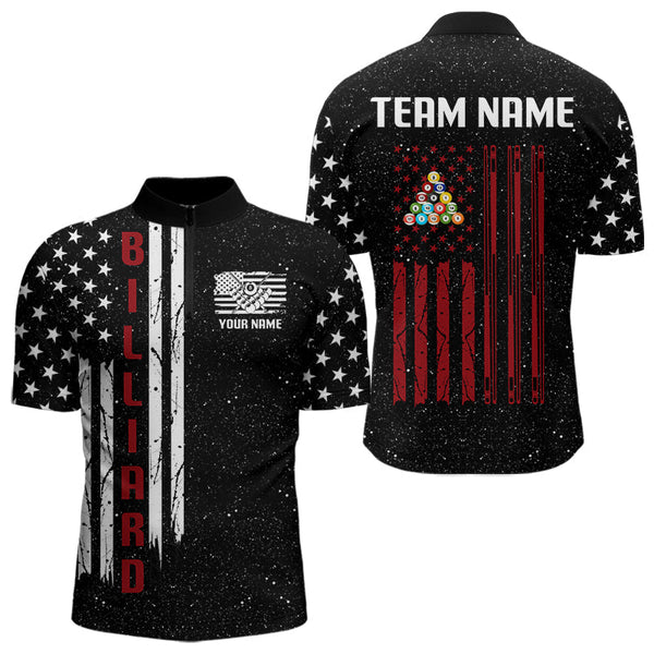 Maxcorners Grunge USA Flag Billiard Jerseys For Men Custom Patriotic Billiard Polo & Quarter Zip Team Shirt MT1006