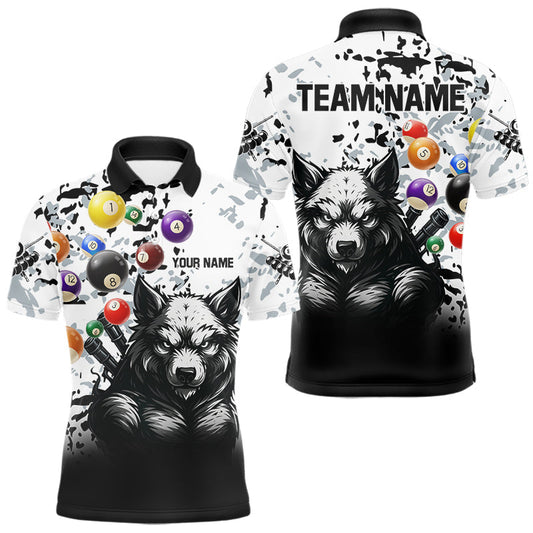 Maxcorners Personalized Grunge White Black Funny Wolf Billiard Shirt For Men Custom Pool Balls Team Jersey