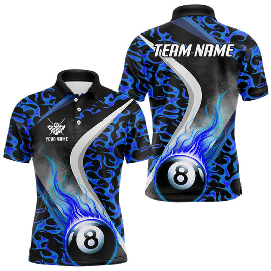 Maxcorners Personalized Flame Blue 8 Ball Pool Billiard Shirt For Men, Billiard Team Jersey Polo & 1/4 Zip LM2707