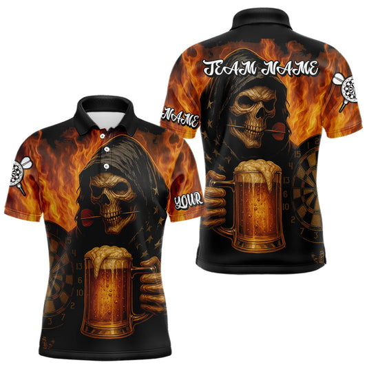 Maxcorners Personalized Funny Death Skeleton & Beer Fire Darts Shirt For Men, Dart Jersey Team Polo & 1/4 Zip LM1203
