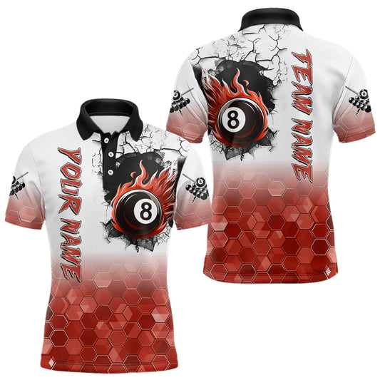 Maxcorners Custom White And Red Hexagon 8 Ball Flame Billiard Shirt For Men, Funny Pool Team Jersey LM1903