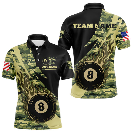 Maxcorners Personalized Flame 8 Ball Pool Military Green Camo Billiard Shirts For Men Custom Pool Team Jersey LM2206