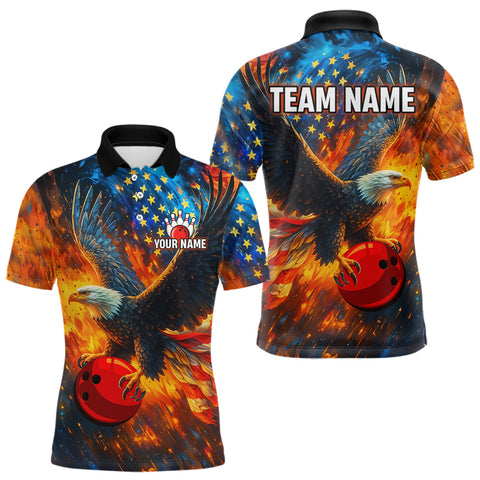 Maxcorners Personalized Orange Flaming American Flag Bowling Shirt For Men Custom Eagle Bowling Team Jersey TU1908