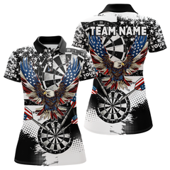Maxcorners Custom Dart Shirt For Women, Grunge Eagle American Flag Black White Polo, 1/4 Zip Darts Jersey LM154