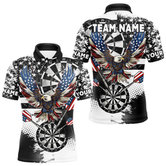Maxcorners Custom Dart Shirt For Women, Grunge Eagle American Flag Black White Polo, 1/4 Zip Darts Jersey LM154