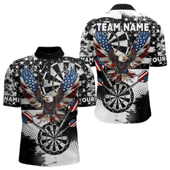 Maxcorners Custom Dart Shirt For Women, Grunge Eagle American Flag Black White Polo, 1/4 Zip Darts Jersey LM154