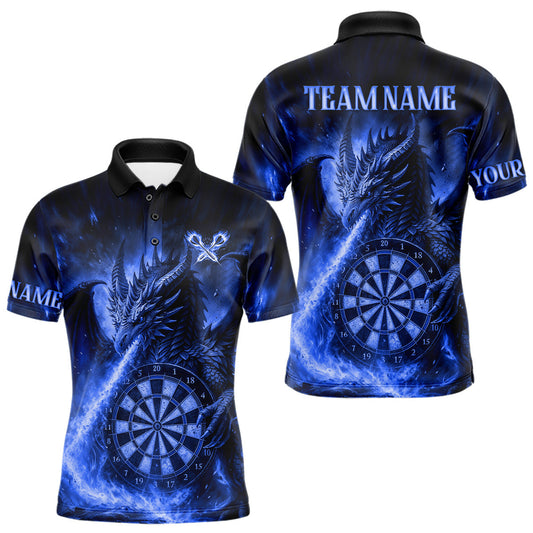 Maxcorners Blue Flaming Dragon Darts Jersey For Men Custom Polo & Quarter Zip Darts League Team Shirt LM1903