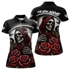 Maxcorners Death Skeleton 8 Ball Pool Roses Billiard Shirt For Men Custom Funny Pool Team Shirt Design |Red MT2306