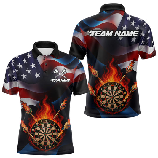 Maxcorners Personalized Flaming Dartboard American Flag Darts Shirt For Men Custom Patriotic Dart Team Jersey LM2408