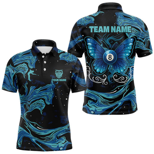 Maxcorners Custom Teal Blue Marble Billiard Shirt For Men, 8 Ball Butterfly Pool Team Jersey Polo & 1/4 Zip