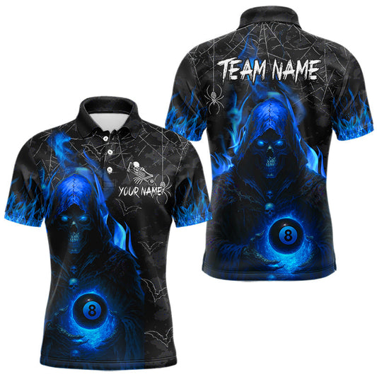 Maxcorners Customized Blue Flaming Grim Reaper 8 Ball Pool Billiard Shirt For Men, Halloween Billiard Outfit LM1903