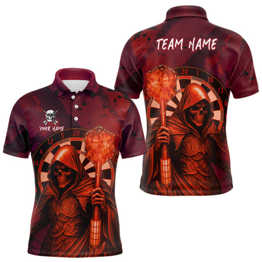 Maxcorners Personalized Red Grunge Grim Reaper Darts Shirt For Men Custom 3D Dart Team Jersey Polo & 1/4 Zip LM1903
