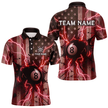 Maxcorners Red 8 Ball Lightning American Flag Billiard Shirt For Men Custom Patriotic Pool Team Jersey LM0412