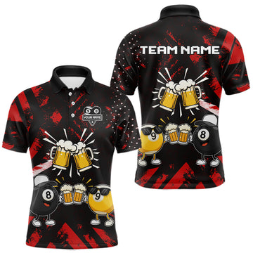 Maxcorners Black Red Funny Beer Pool Shirt For Men Custom 8 Ball & 9 Ball Billiard Team Jersey Polo, 1/4 Zip LM0607