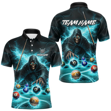Maxcorners Turquoise Flaming Grim Reaper Billiard Shirt For Men Custom Pool Team Jersey Polo & Quarter Zip LM1104