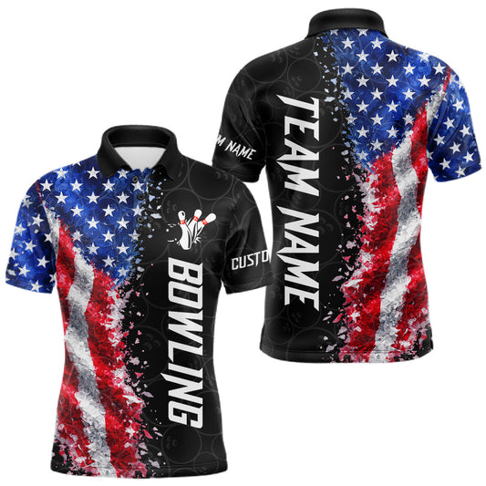 Maxcorners Custom American Flag Bowling Shirt, Patriotic Bowling Team Jersey Polo & Quarter Zip For Men LM1406