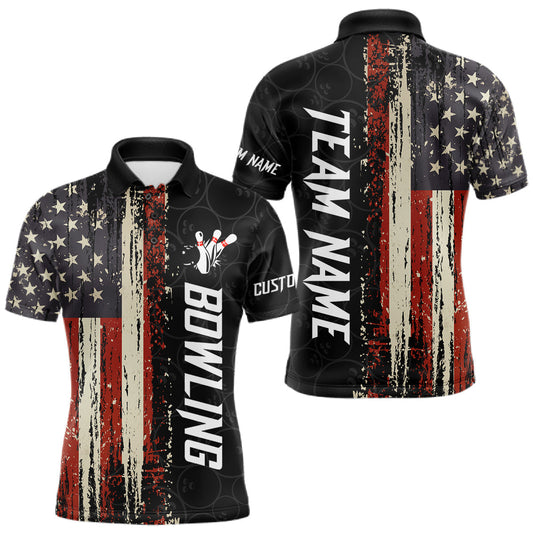 Maxcorners Vintage American Flag Bowling Jersey For Men Custom Patriotic Bowling Team Shirts Polo & 1/4 Zip LM1406