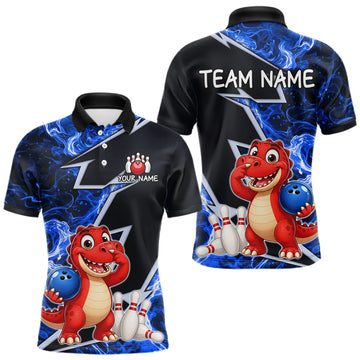 Maxcorners Funny Dinosaur Bowling Jersey For Men Custom Black And Blue Flame Bowling Shirt Polo & 1/4 Zip LM1705