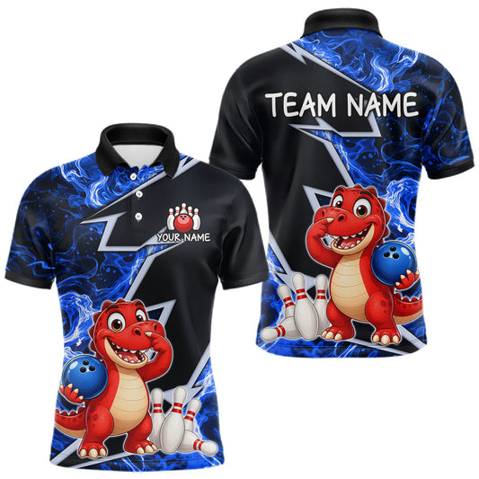 Maxcorners Funny Dinosaur Bowling Jersey For Men Custom Black And Blue Flame Bowling Shirt Polo & 1/4 Zip LM1705