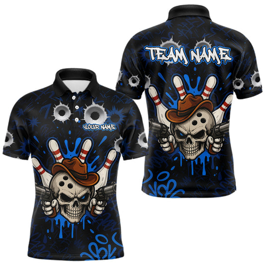 Maxcorners Black And Blue Funny Cowboy Skull Bowling Shirts For Men Custom Bowling League Bowling Team Jersey