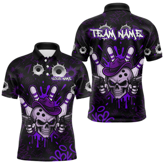 Maxcorners Black And Purple Funny Cowboy Skull Bowling Shirts For Men Custom Bowling League Team Jersey