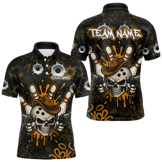 Maxcorners Black And Orange Funny Cowboy Skull Bowling Shirts For Men Custom Bowling League Team Jersey