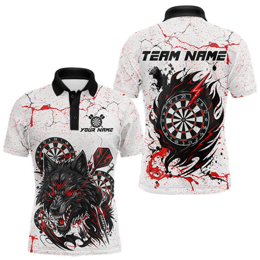 Maxcorners Personalized White Grunge Wolf Darts Shirt For Men Custom Darts Team Jersey Polo & 1/4 Zip| Red