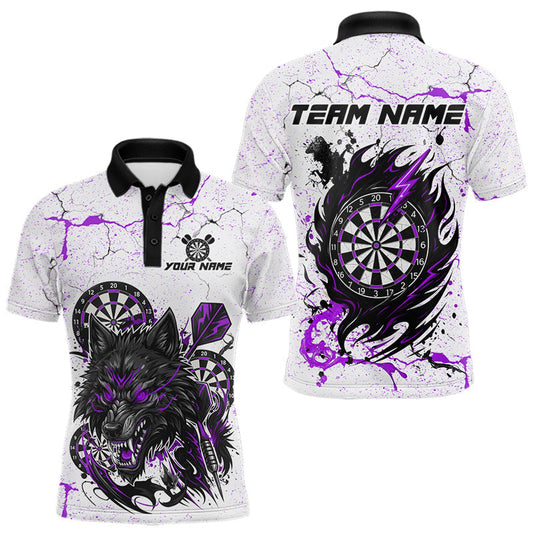 Maxcorners Personalized White Grunge Wolf Darts Shirt For Men Custom Darts Team Jersey Polo & 1/4 Zip|Purple