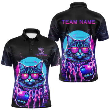 Maxcorners Funny Cat Retro Neon Bowling Shirt For Men Custom Bowling Team Jersey Polo & Quarter Zip