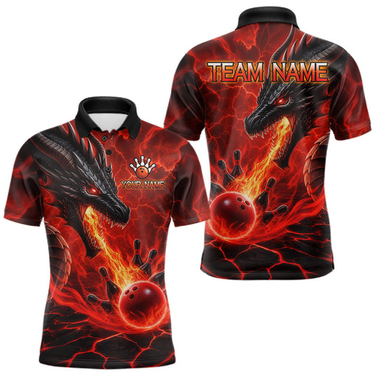 Maxcorners Personalized Dragon Bowling Shirts Custom Fire Flame Red Bowling Team Jersey Polo & 1/4 Zip For Men LM2806
