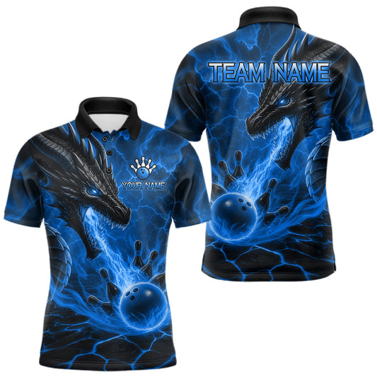 Maxcorners Personalized Dragon Bowling Shirts Custom Fire Flame Blue Bowling Team Jersey Polo & 1/4 Zip For Men LM2806